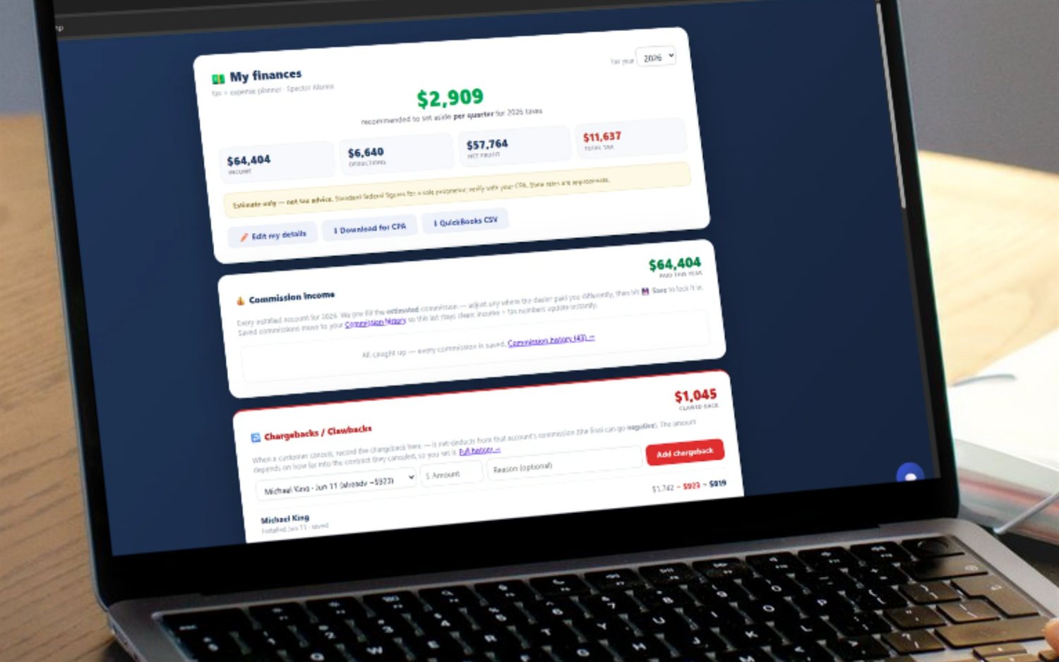 FieldStacker 1099 financials showing real per-deal commission, chargebacks and a quarterly tax set-aside
