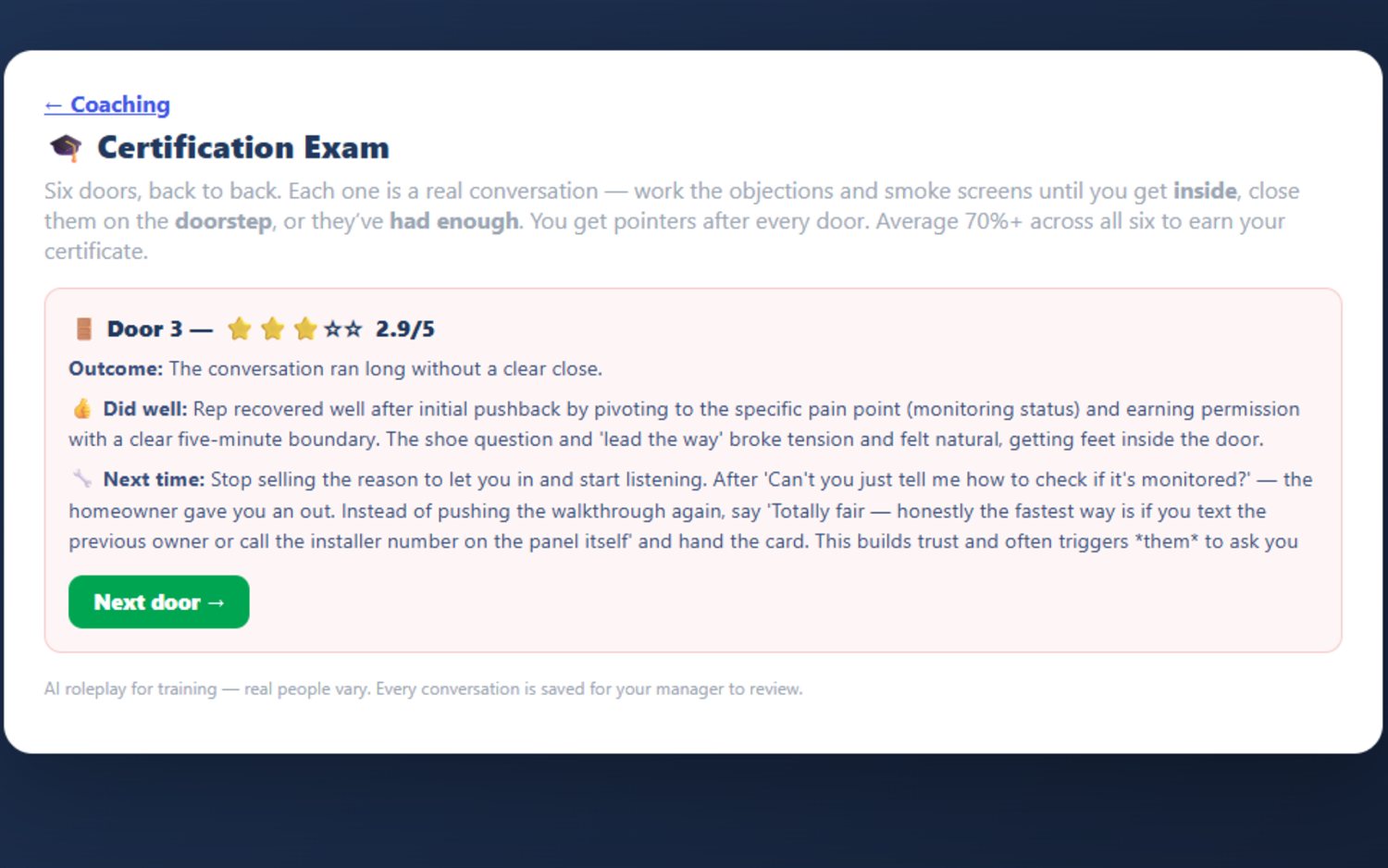 FieldStacker certification exam door result: a 2.9 out of 5 score with the outcome, what the rep did well, and what to do next time