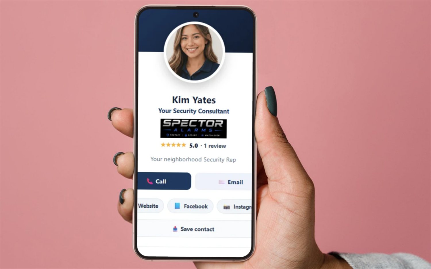 A FieldStacker rep's digital business card on a phone with reviews and call, email and save-contact buttons
