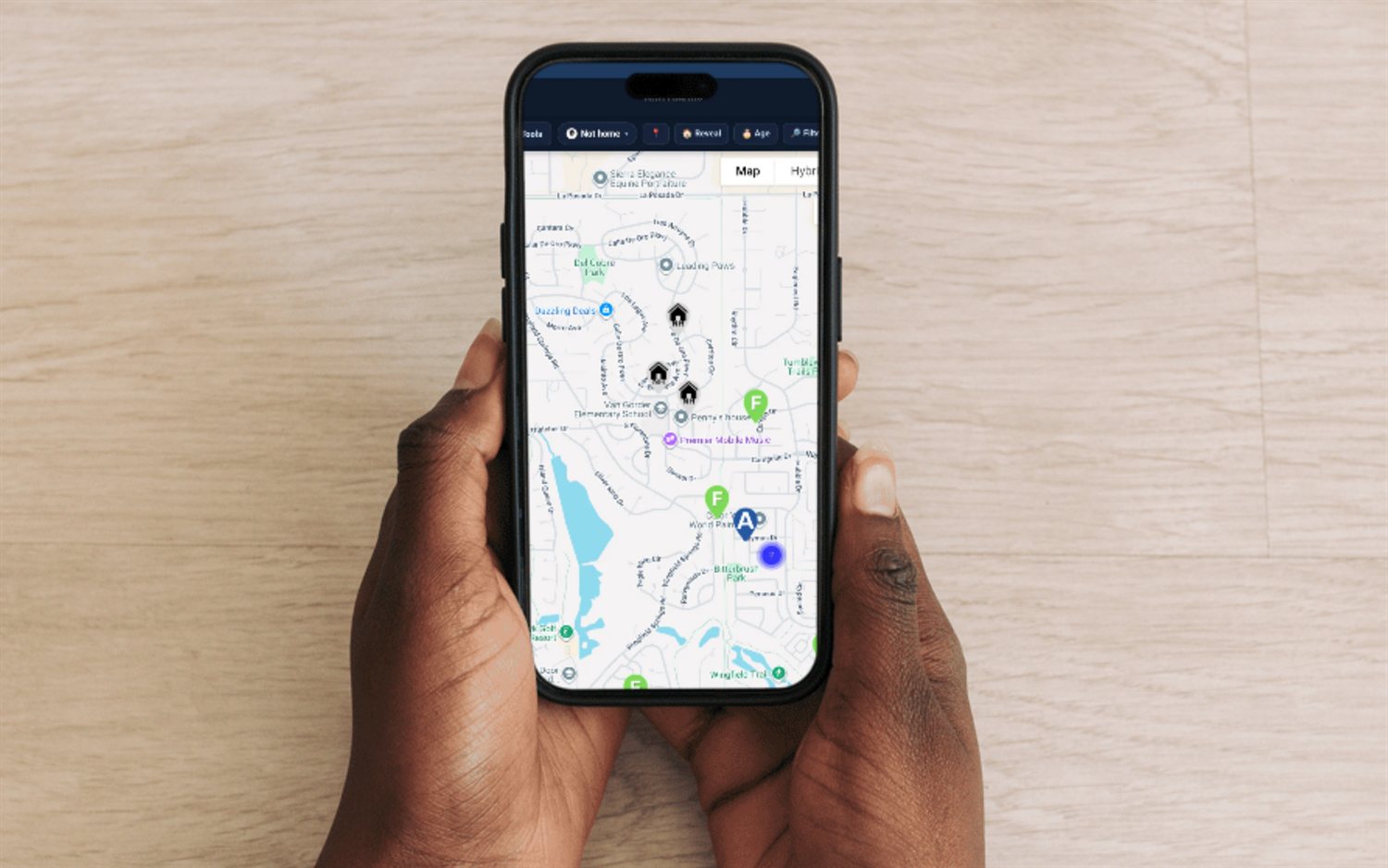 FieldStacker knock map with color-coded custom pins across a neighborhood — one map for every industry you sell