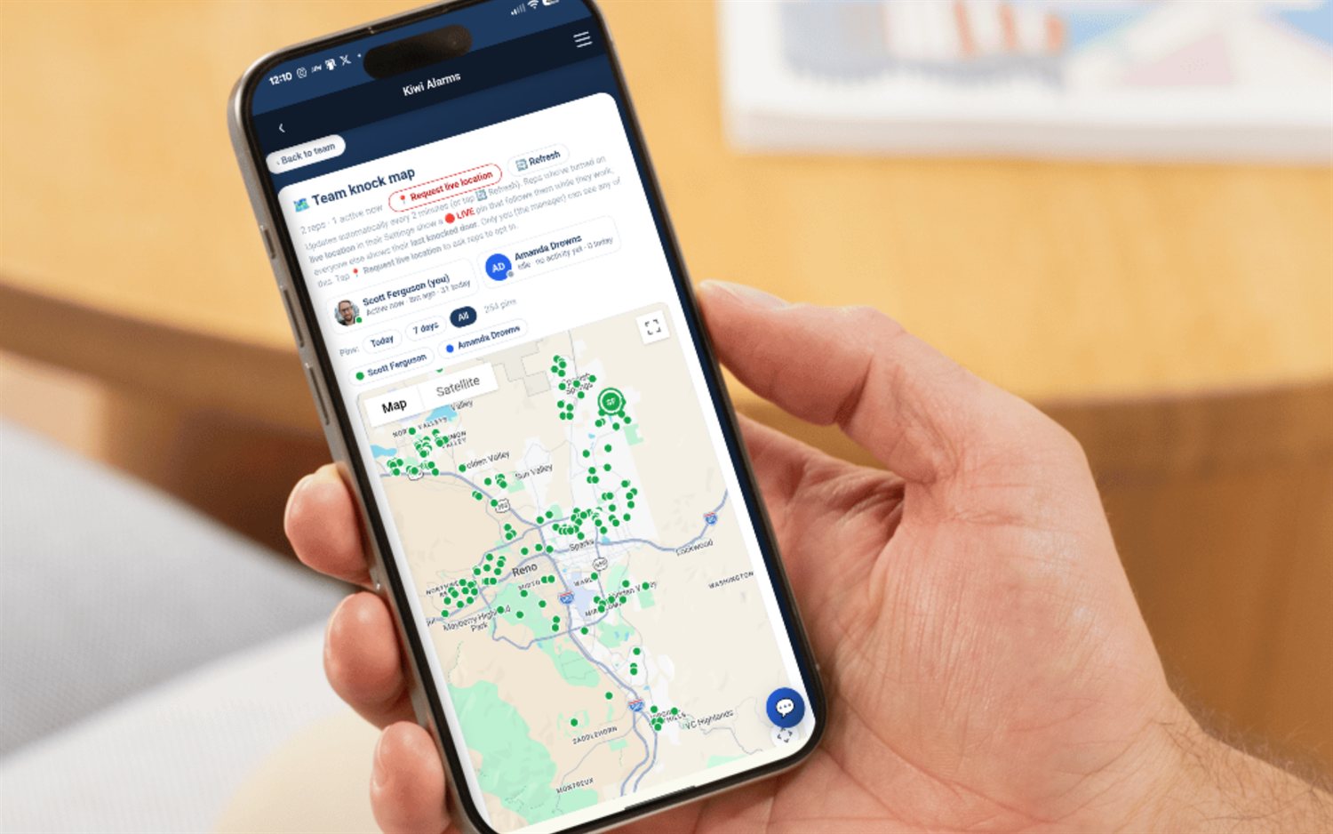 FieldStacker live team knock map with every rep shown by GPS and verified knocks across a shared territory