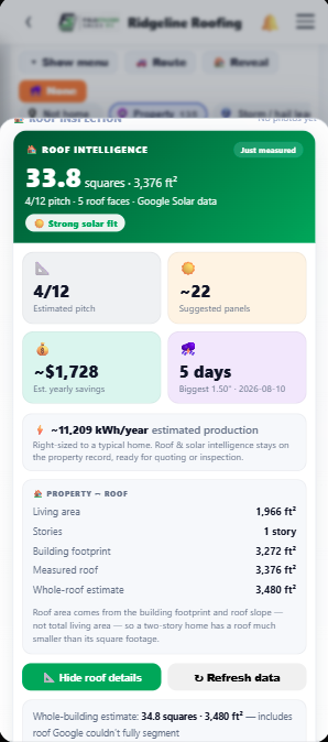 FieldStacker mobile Roof Intelligence card showing 33.8 squares, 3,376 square feet, 4/12 pitch, 5 roof faces, about 22 suggested panels and a Property-to-Roof breakdown