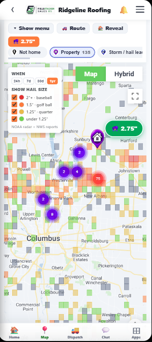 FieldStacker mobile hail map showing color-coded hail cells over the Columbus metro with a 2.75-inch baseball hail marker, a hail-size legend and a 24h-to-1-year window, from NOAA radar and NWS reports