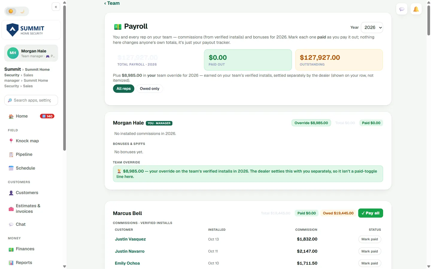Payroll page with commissions from verified installs and paid status
