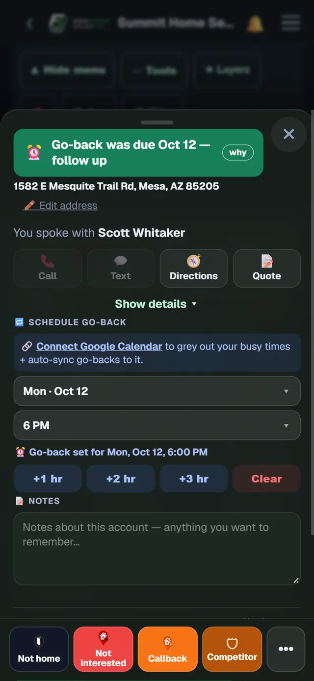 Pin card with call, text, directions, quote and a scheduled go-back