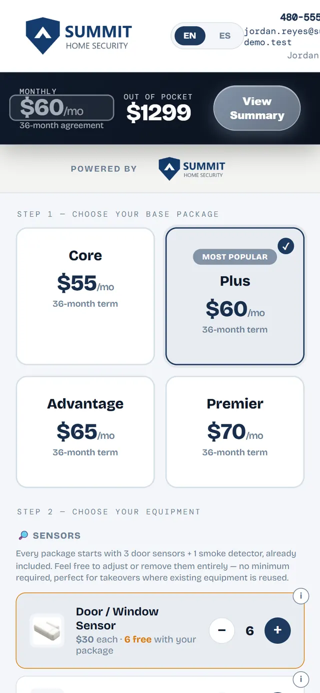 Alarm quote builder with Core, Plus, Advantage and Premier packages