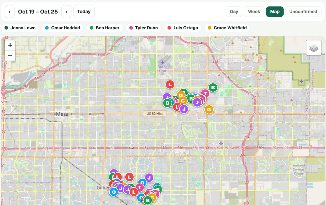 Schedule Board map view with next week's installs, colour-coded by technician