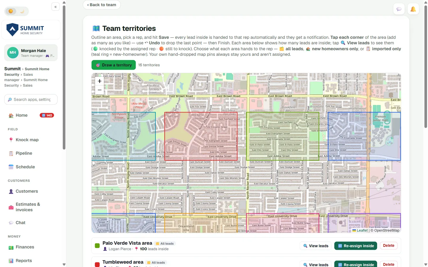 Team territories drawn on the map and assigned to reps