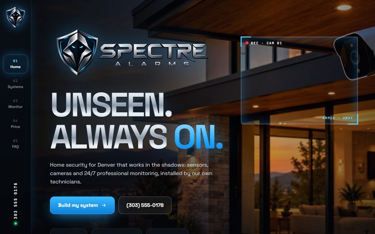 Sample website design for Spectre Alarms, a made-up business