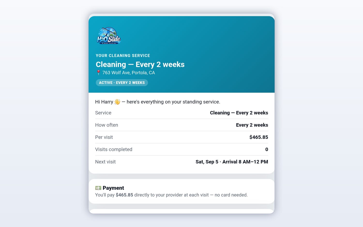 A cleaning client's own service page on their phone in FieldStacker, showing an every-two-weeks plan, the price per visit and the next visit date